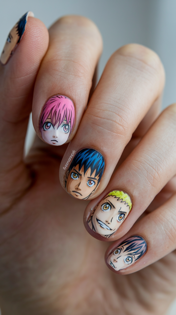 Anime Character Nails: Minimalist and detailed anime character faces painted on vibrant, playful nail designs.
