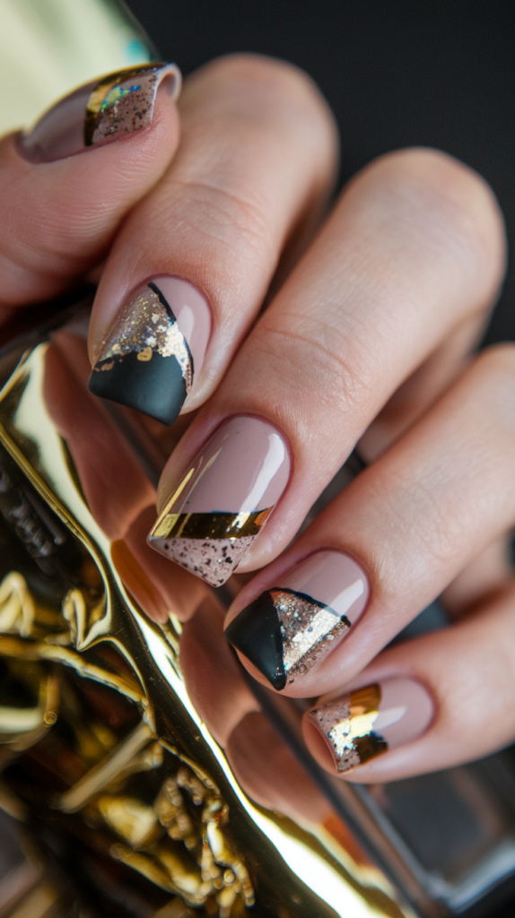 A dynamic nail design combining matte and glossy textures with gold foils and glitter for a luxurious finish.