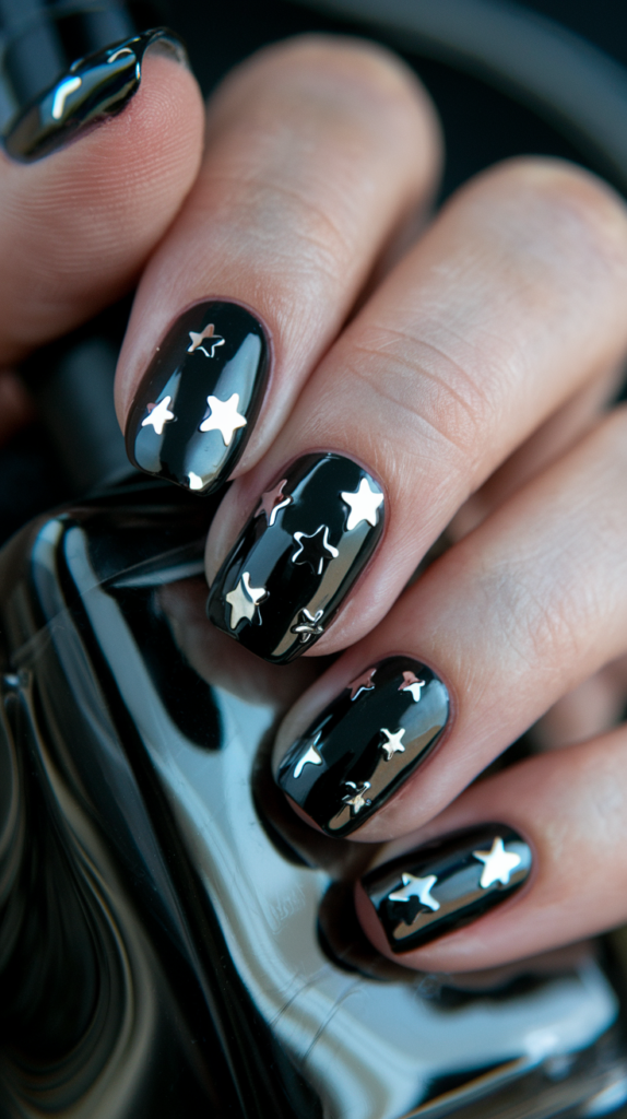 Midnight chrome nails with small silver star designs creating a celestial, starry effect.

