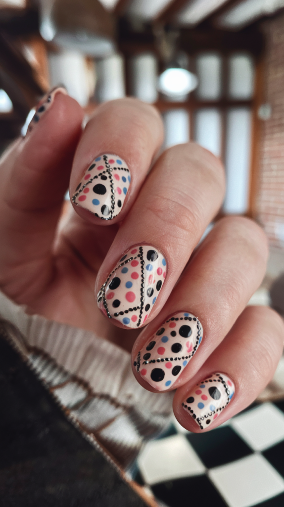 Polka Dot Confetti Nails: A mix of multicolored dots in different sizes to mimic confetti.
Geometric Polka Dots: Combine polka dots with geometric shapes like triangles or squares.
