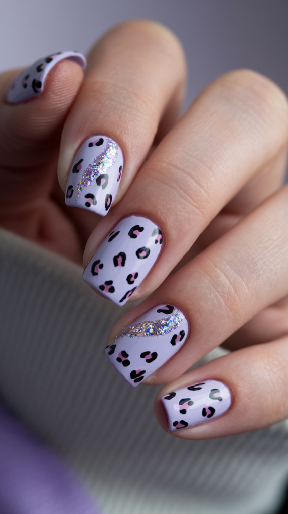 Purple Leopard Print Nails – Lilac nails with black and dark purple leopard spots, creating a fun and wild animal print design