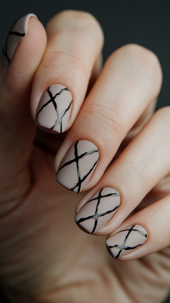 Matte black nails with glossy cross and stripe accents, creating a subtle contrast