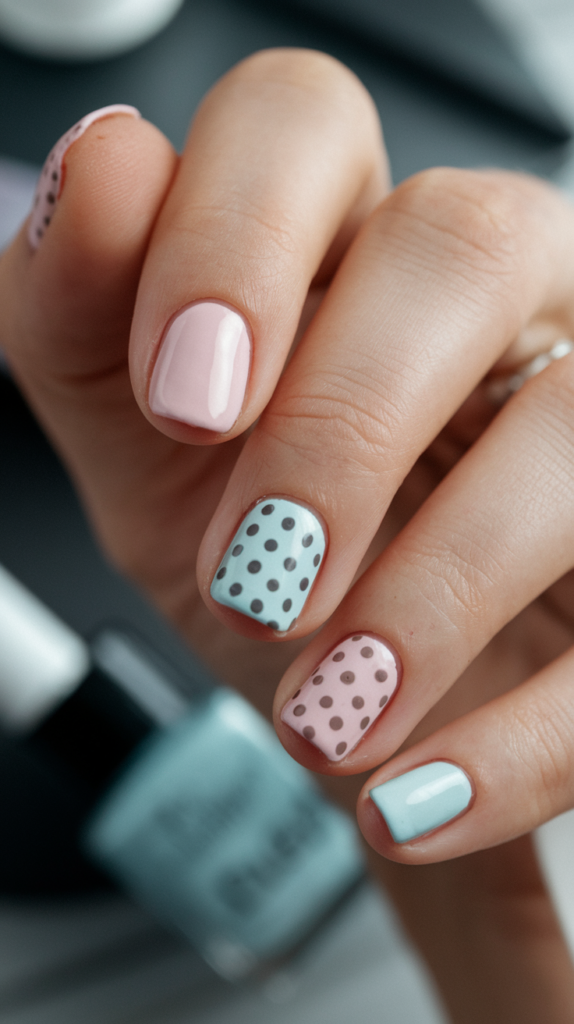 Polka Dot Accent Nail: Solid-colored nails with one or two nails featuring polka dots.
