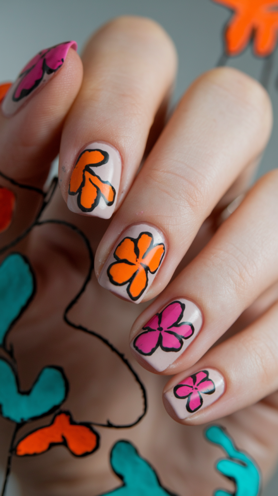  Loose, abstract flower designs in bold colors like fuchsia and orange on a pale pink base.