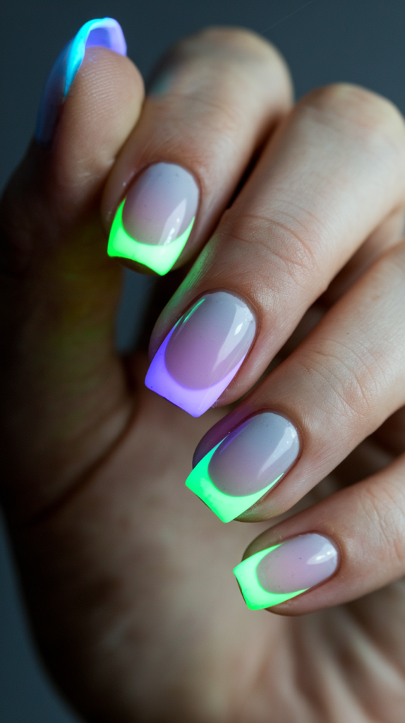 Glow-in-the-dark neon nails in green, purple, and blue on coffin-shaped nails