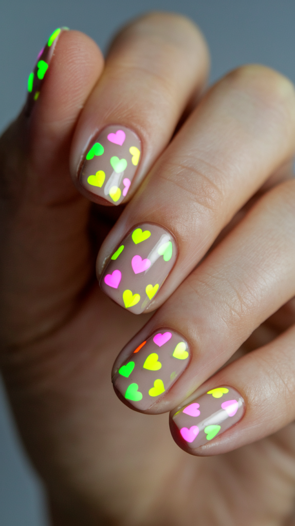 Cute neon heart nail art with small pink, yellow, and green hearts on a nude base