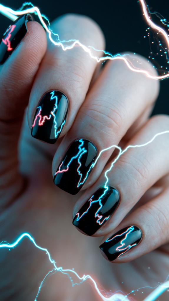 Electric Pulse Waves – Black
base nails with wavy neon streaks in pink, blue, and green, resembling electric pulses.
