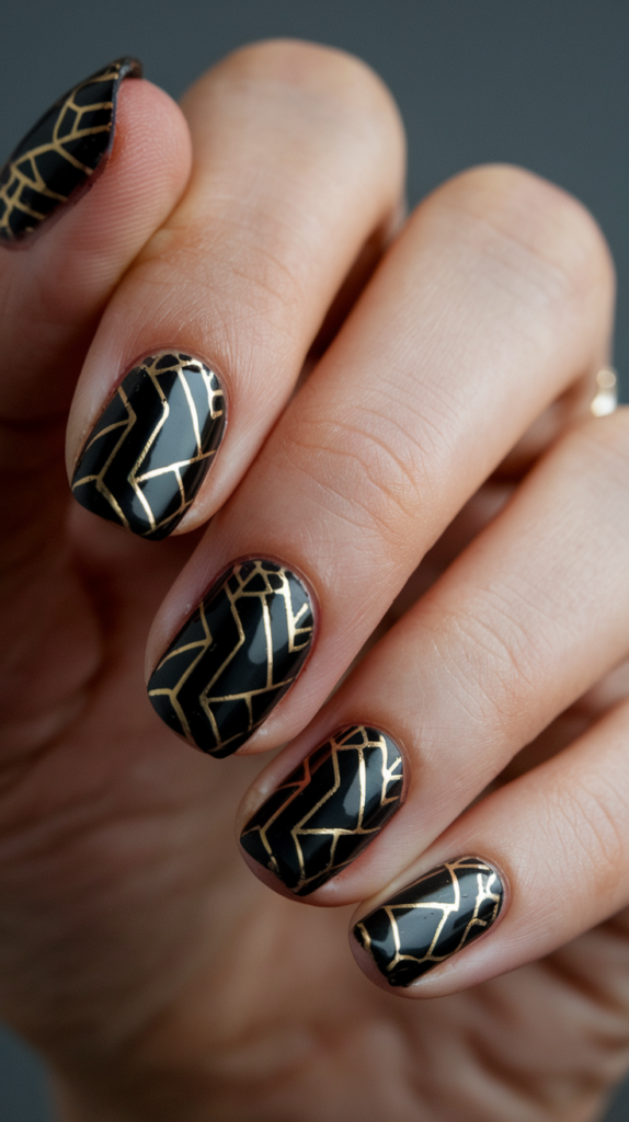 Black nails with intricate gold geometric lines inspired by 1920s Art Deco design, creating a glamorous and elegant look.
