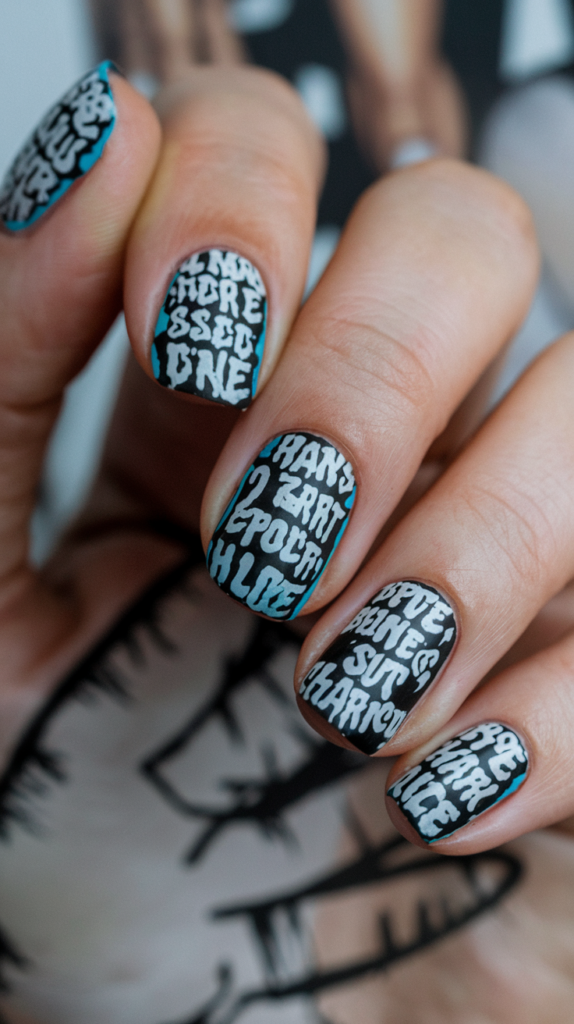 Retro-inspired nails featuring old-school boom boxes, cassette tapes, and musical notes