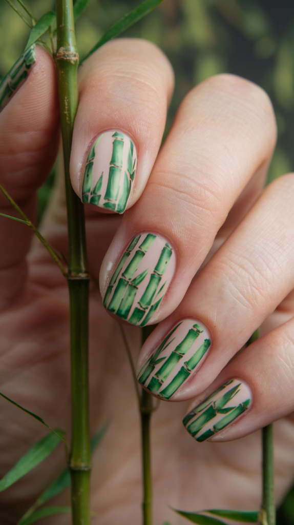 Bamboo Forest Nails: Green bamboo stalks and tiny leaves painted on nails with a minimalist aesthetic.
