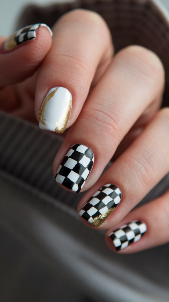 Black and white checkerboard nails with small gold accents at the corners, combining classic and modern Art Deco elements.
