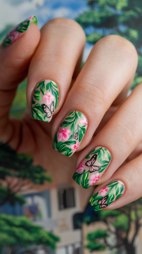 Lush Garden Nails: Vibrant nails featuring colorful flowers, leaves, and butterflies for a garden-inspired look.
