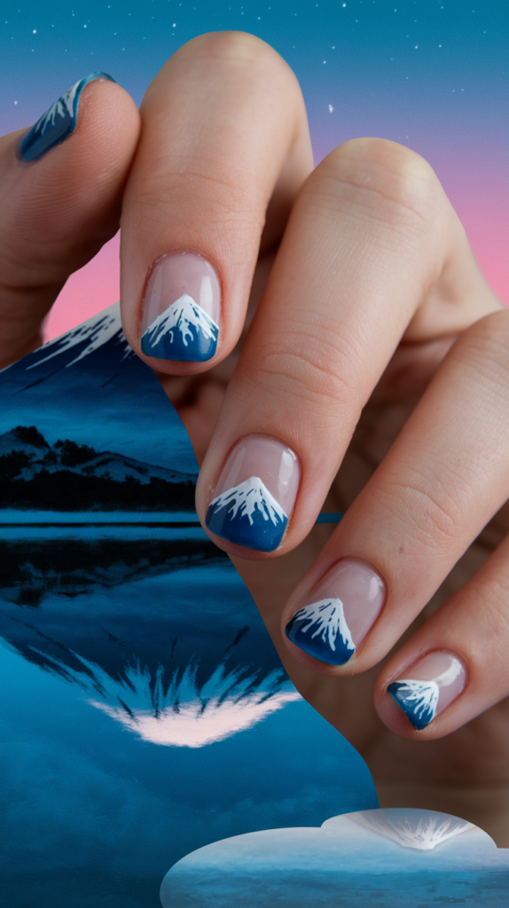 Mount Fuji Design: Artistic nails showcasing Mount Fuji’s snow-capped peak with a sunrise gradient background.
