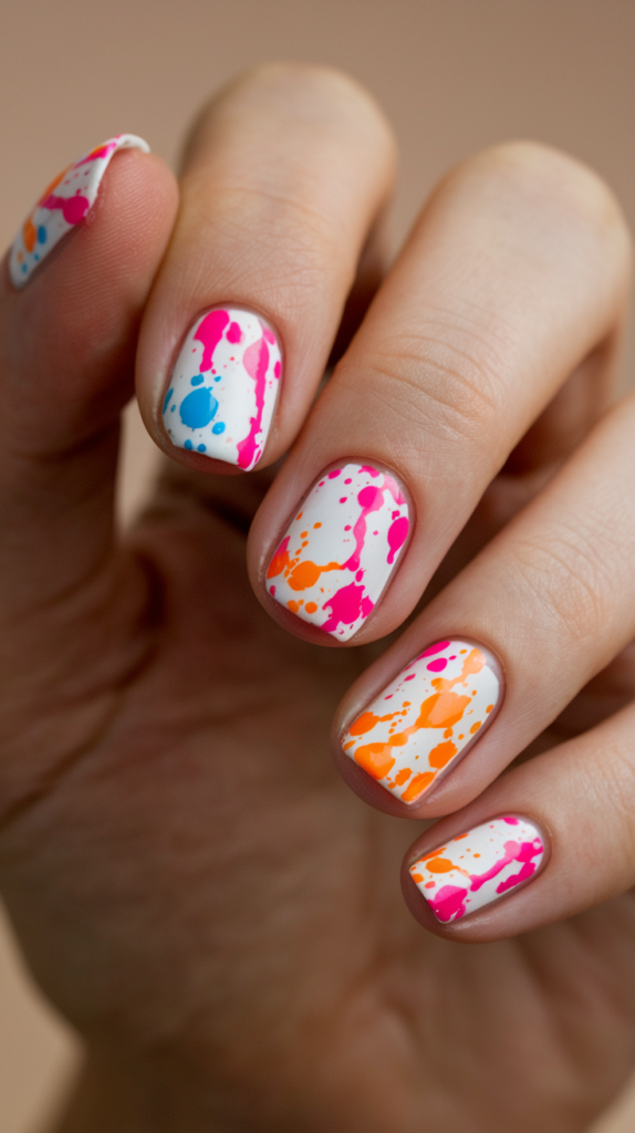 Vibrant neon splatters in electric pink and orange scattered randomly on a neutral base for an energetic look.