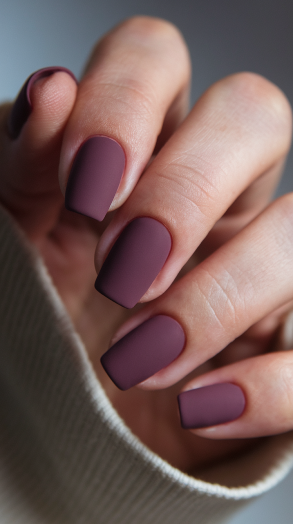 Matte Plum Nails – Close-up of nails painted in rich, velvety matte plum, offering a soft and sophisticated look