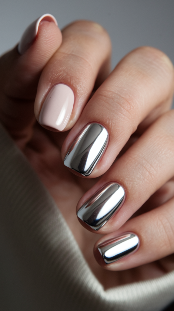 Minimalist manicure with a single silver chrome accent nail paired with nude matte nails.