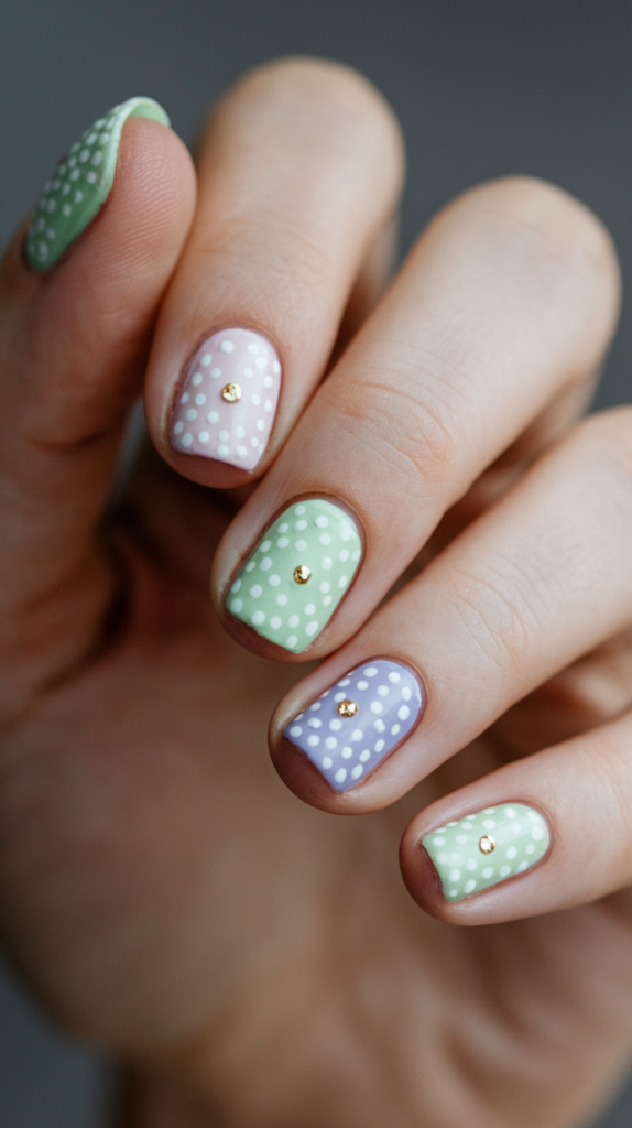 Pastel Polka Dots: Soft pastel shades like mint, baby blue, and lavender with tiny white or gold polka dots.
