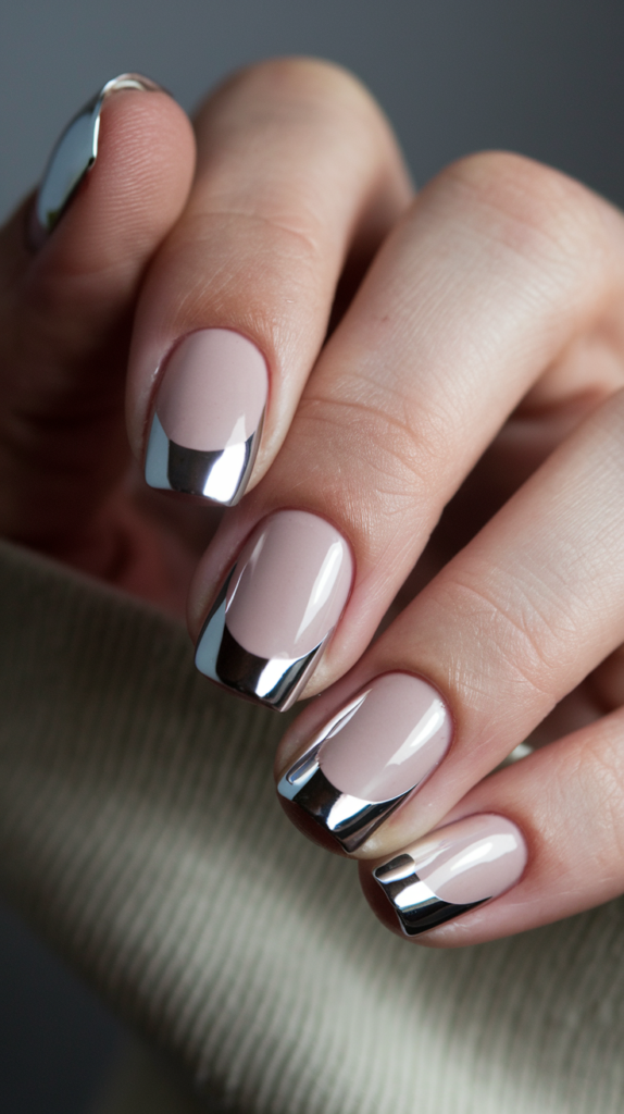 Modern French manicure with reflective chrome tips and a nude base for a sophisticated look