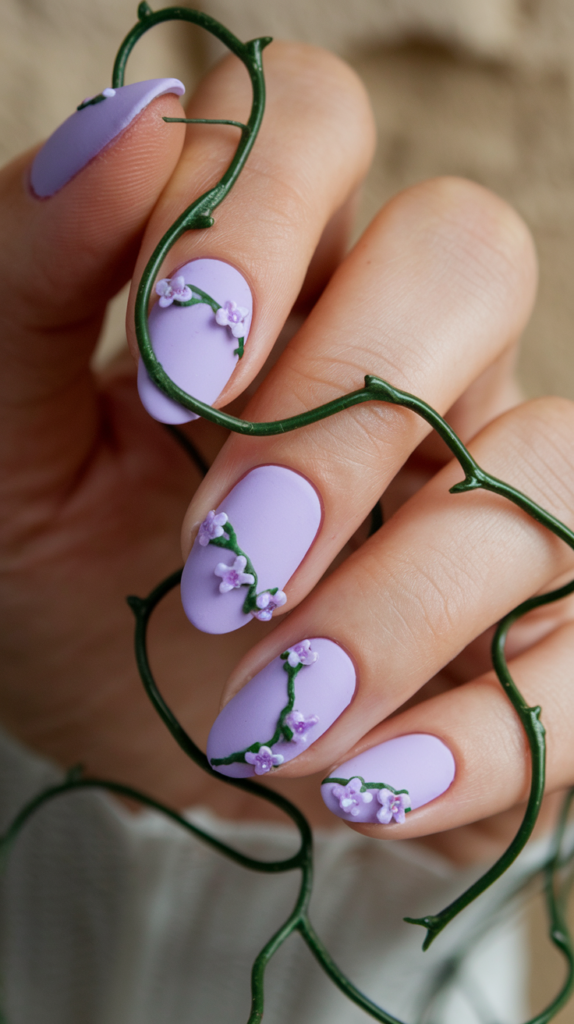 Vine Accent Nails – Light purple nails with fine green vines and tiny violet flowers winding around accent nails for a nature-inspired look