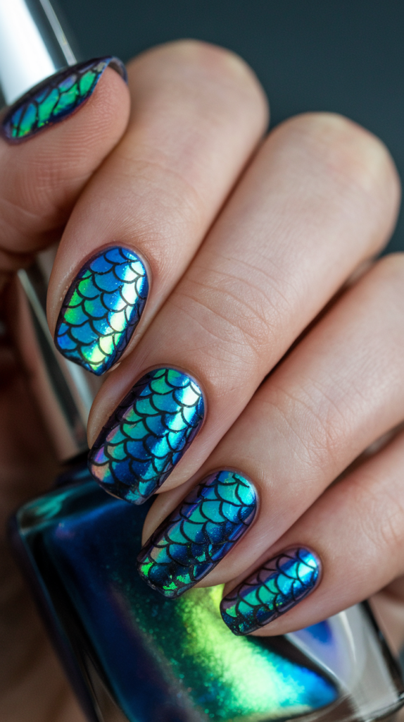 Shimmering blue and green fish scale nails with iridescent, overlapping scales for a mermaid-inspired effect