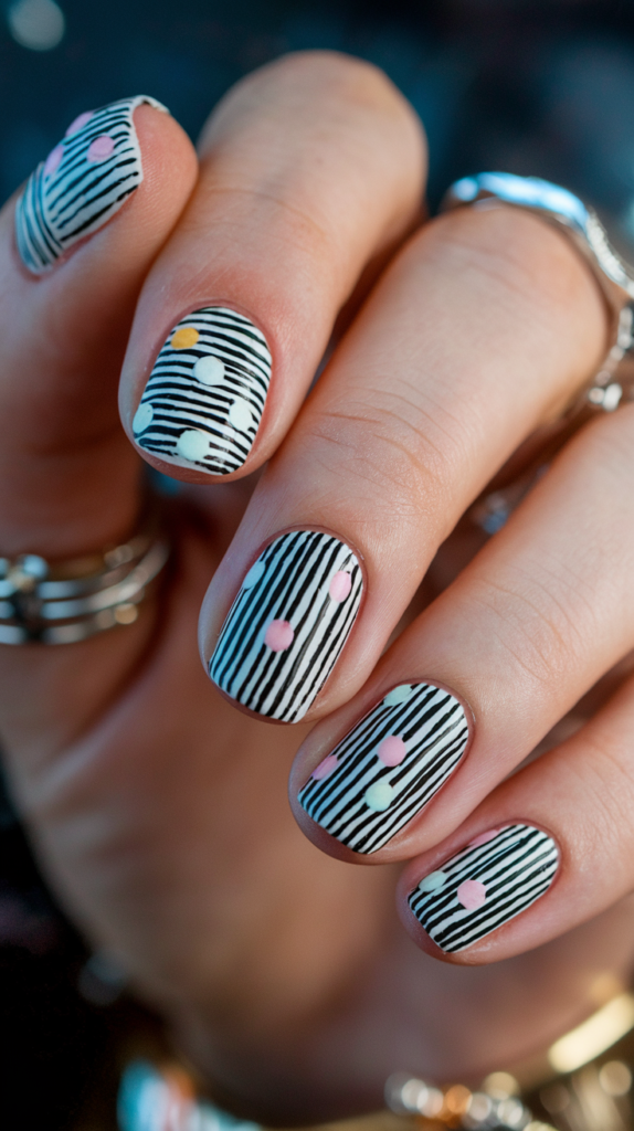 Polka Dot Stripes: Combine polka dots and stripes on the same nail for an eclectic design.
