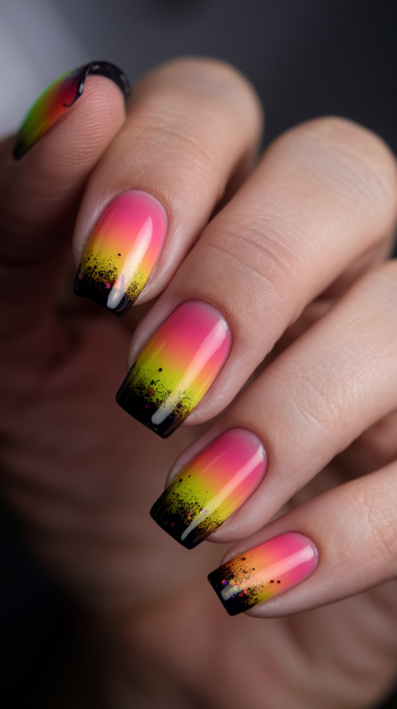 Gradient nails transitioning from dark to light with glitter accents at the tips.
