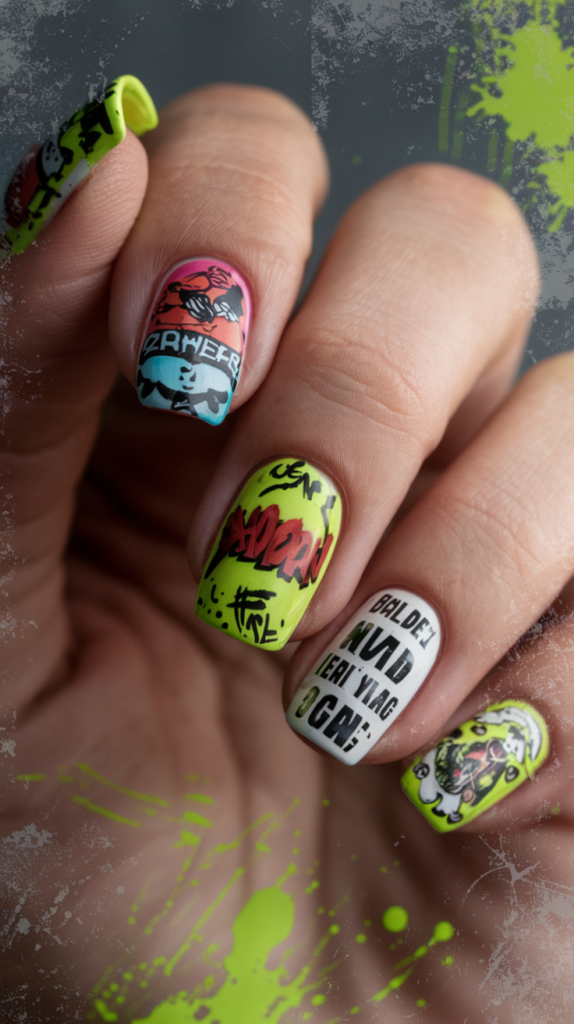 Nails featuring skateboard graphics, graffiti logos, and lime green splashes for an edgy look