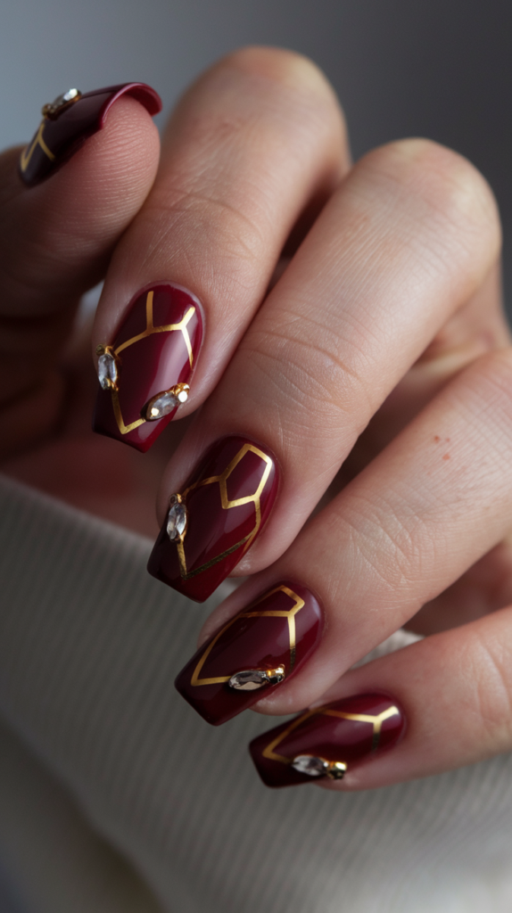 Dark red nails with gold geometric shapes and jewel accents, offering a rich and opulent Art Deco-inspired design.
