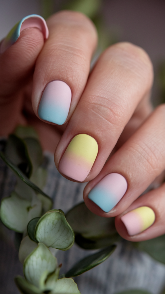 Matte Pastel Nails: Soft pastel nails with a velvety matte finish in shades of pink, lavender, and mint green.
