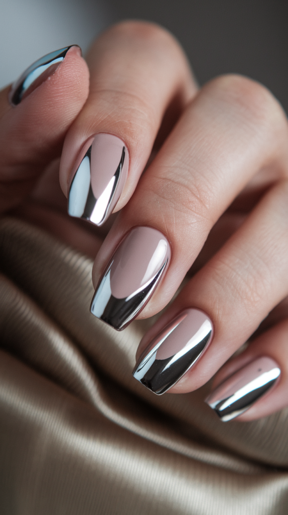 Matte nude nails with sharp, reflective chrome tips for a balanced and modern look