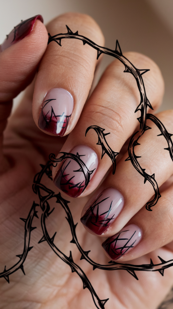 Sharp thorn designs wrapping around black nails