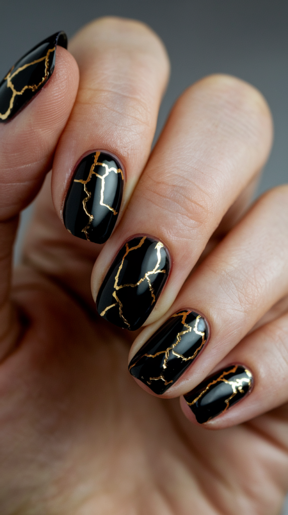 Kintsugi Art Nails: Hyperrealistic black nails with intricate gold cracks mimicking the Kintsugi pottery repair technique.
