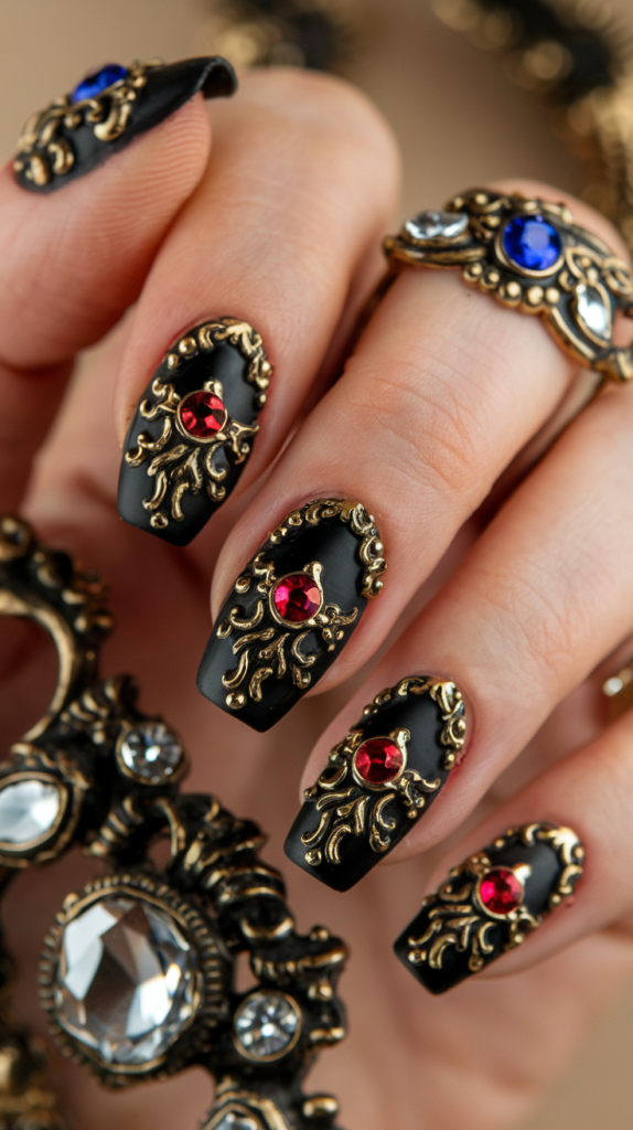 Nails with colorful patchwork patterns featuring floral and geometric designs.

