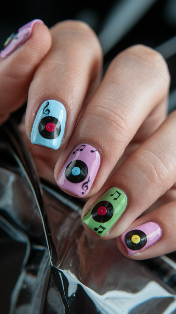 Nails featuring miniature vinyl record designs with colorful center labels.

