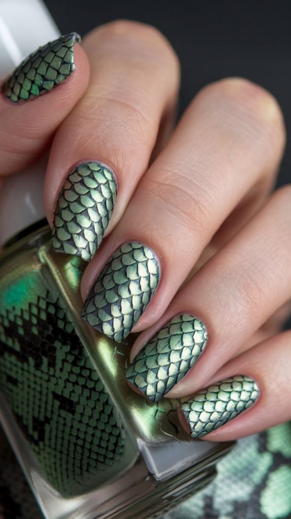 Metallic green snake skin nail design with intricate, textured scales creating a bold, three-dimensional effect