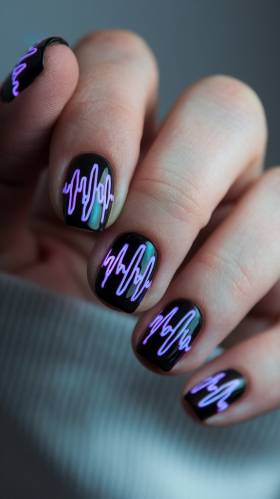 Soundwave Nails –

black nails with jagged neon soundwave patterns running horizontally across the surface.
