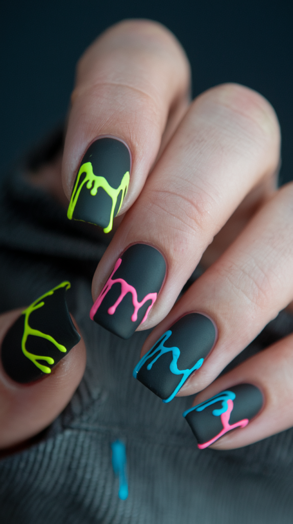 Neon Drip Tips – Matte black nails with neon drips in yellow, pink, and cyan, creating a melting paint effect