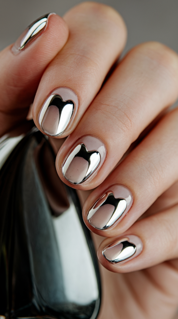 Cute silver chrome hearts scattered across nude nails, adding a playful, reflective touch.

