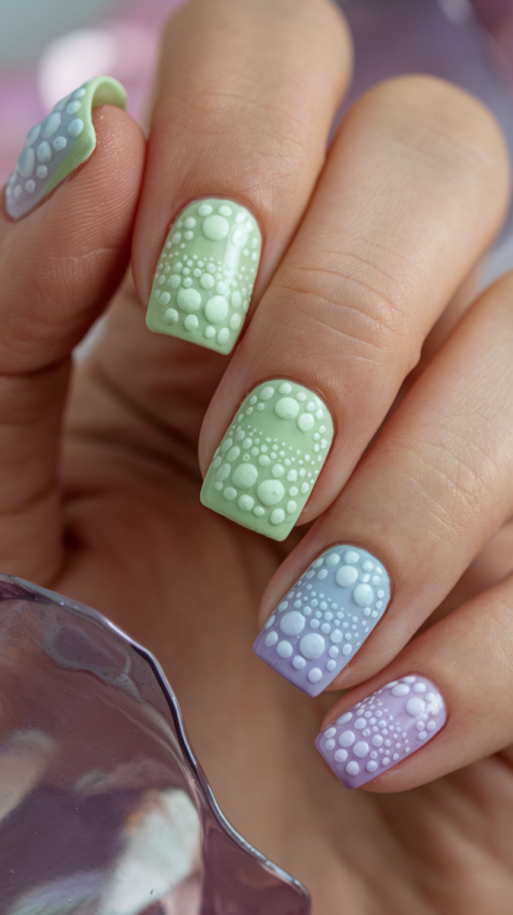 Pastel green nails with descending dot patterns in soft pastel colors