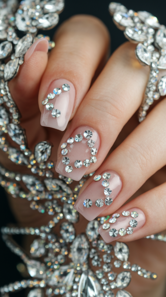 Soft pink nails embellished with crystal rhinestones arranged along the cuticle line, adding sparkle and elegance.

