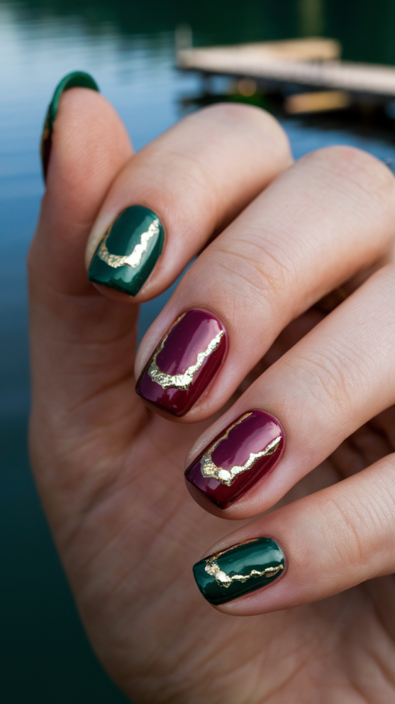 Jewel-toned nails with metallic accents in shades of emerald, ruby, and sapphire.
