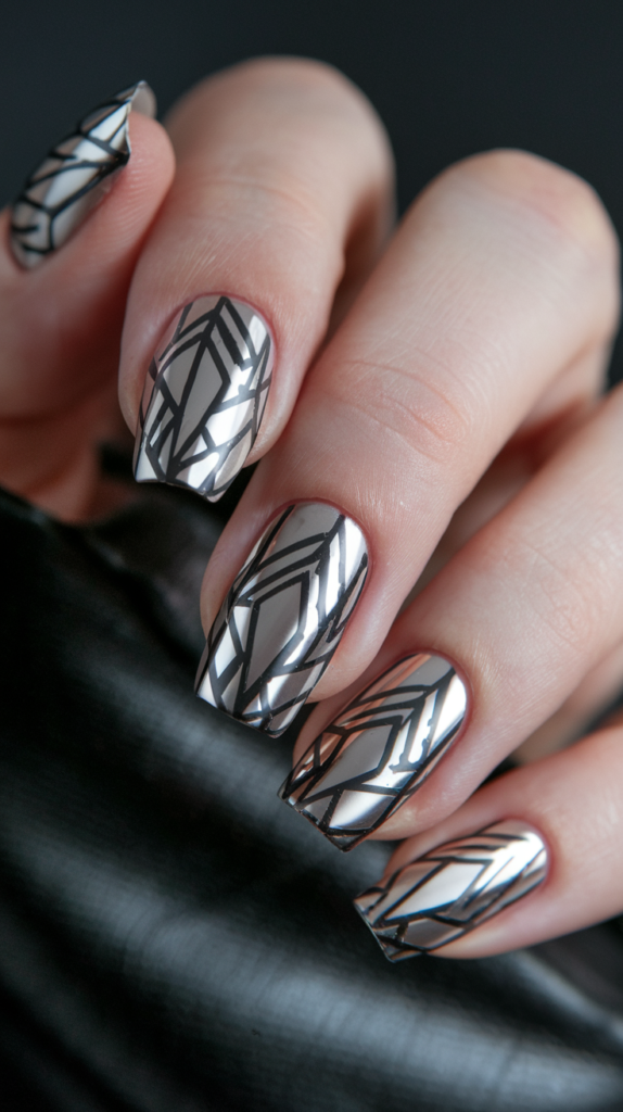 Nails with sharp, geometric chrome shapes set against a matte black background