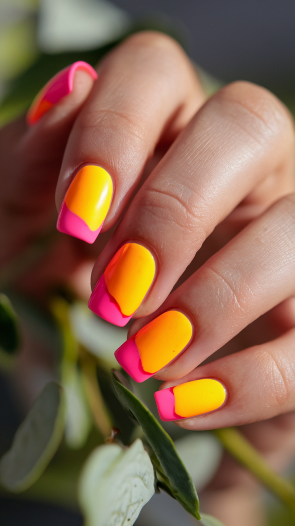 Vibrant neon pink nails glowing under bright sunlight, perfect for summer parties and vacations.

