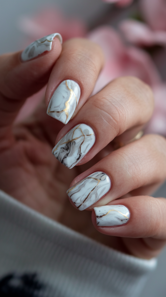 Marble Effect Nails: Hyperrealistic marble swirls in white and gray with gold veins for added luxury.
