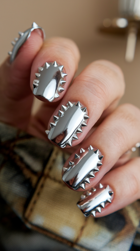 Silver chrome nails embellished with 3D metallic studs for an edgy, textured design.