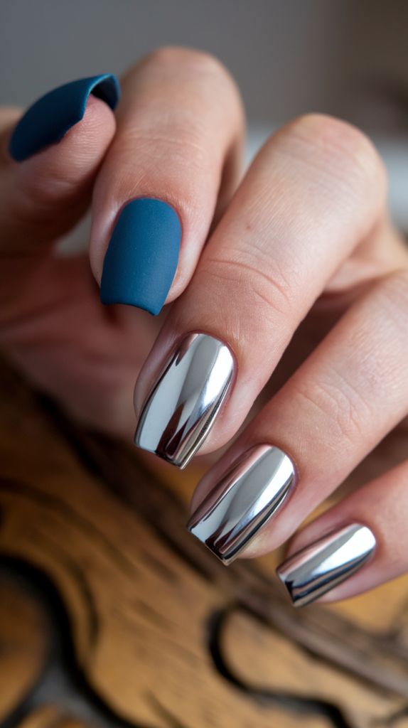 A combination of matte and chrome nails in the same color, showcasing a textural contrast