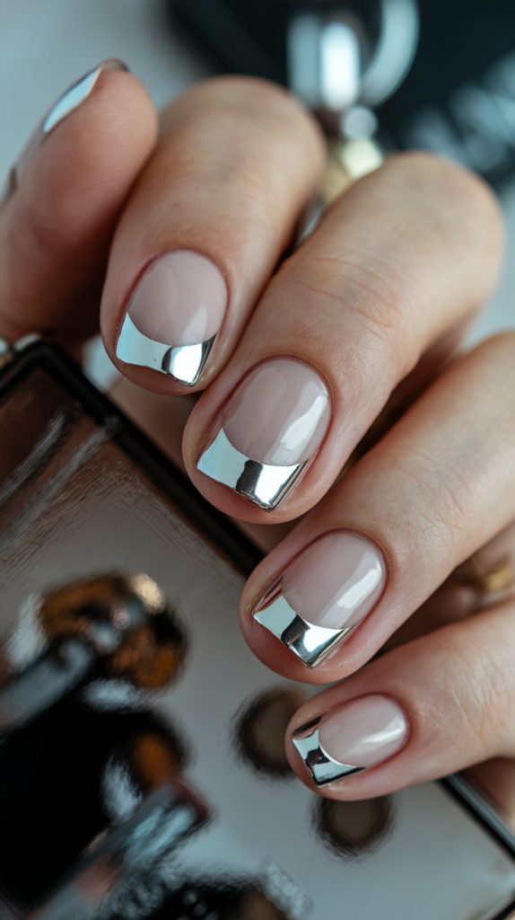 Half-moon chrome design near the cuticles on nude nails, creating a chic contrast.