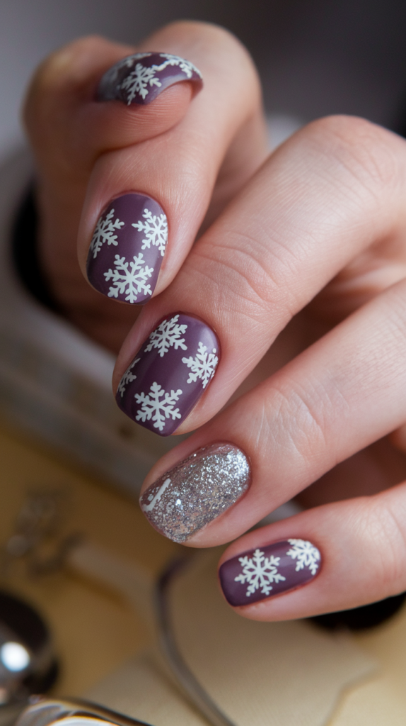 Christmas Purple Snowflake Nails – Glittery purple nails with white snowflake patterns, creating a festive, winter-themed design