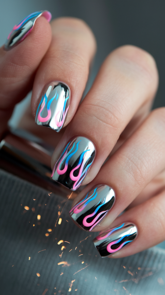 Cyber Flames – Metallic silver nails with blue and pink fluorescent flames curling along the edges.
