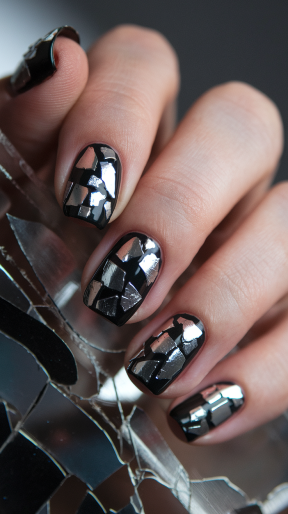  Nails with pieces of metallic foil arranged in a cracked, shattered glass pattern over a glossy dark base.